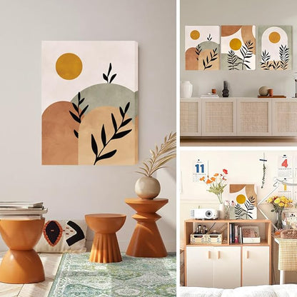 SERIMINO Botanical Wall Art, Boho Canvas Wall Decor for Living Room, Set of 3, Minimalist Orange Sun Artwork Paintings Wall Decor for Bedroom, Office,12 x16 inch