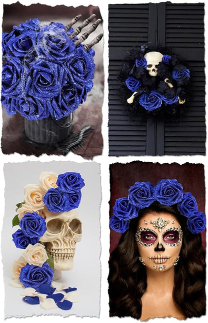 N&T NIETING Artificial Flowers Glowing Navy Blue Flowers Foam 25pcs Glitter Roses Real Looking Fake Roses with Stem for DIY Wedding Bouquets Centerpieces Bridal Shower Party Home Decorations
