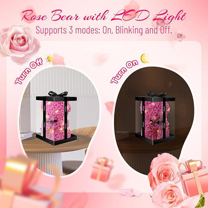 Otlonpe Cute Bear Rose Flower with Light | Women Gifts & Indoor Table Decorations for Christmas, Valentines, Mothers Day, Birthday, Anniversary | Handmade Gifts for Women Mom Wife Girlfriend (Pink)