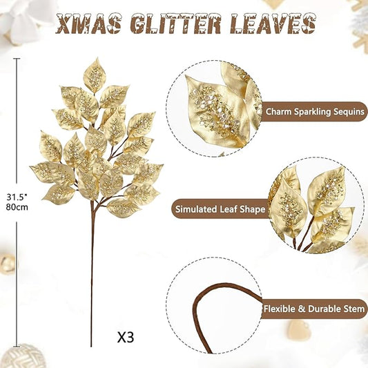 Christmas Tree Picks and Sprays 31.5" Gold Atrificial Elm Leaves with Stems 3 Pcs Christmas Picks for Tree Gold Vase Fillers Golden Leaf Decor for DIY Xmas Trees Centerpieces Wedding Bouquet Decor