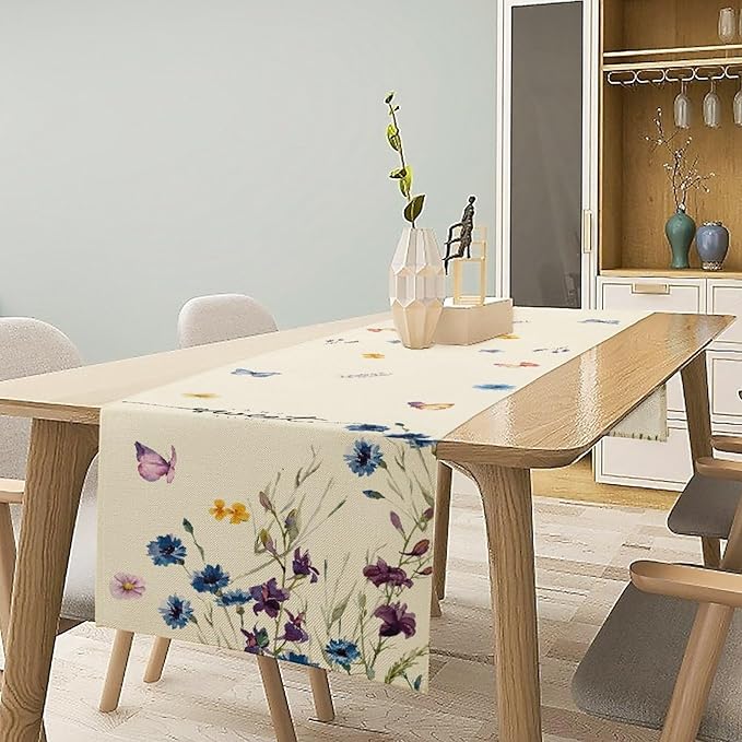 Blue Floral Table Runner, Spring Summer Watercolor Wildflower Butterfly Country Farmhouse Coffee Table Center Decor for Home Kitchen Dining Patio Holiday Party Table Decorations 13x90 inches