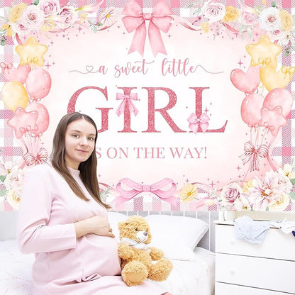 Mocsicka 7x5ft Girl Baby Shower Backdrop Pink Bow Floral Sweet Baby Girl is On The Way Decorations Banner Watercolor Balloon It's a Girl Banner Photo Booth Props (7x5ft (82x60 inch))