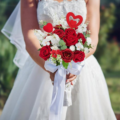 HUAESIN Artificial Rose Bouquet Faux Flower Stems Fake Rose Hyacinth with Red Heart Picks Spring Fake Floral Arrangements Indoor for Home Table Anniversary Valentine’s Decorations Outdoor