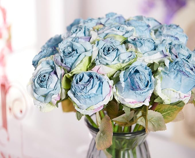 Rose Artificial Flower 28pcs Realistic Faux Silk Roses Fake Flowers Bouquets Arrangements Decor for Wedding Spring Mother's Day, Home Table Decorations, Blue Flower