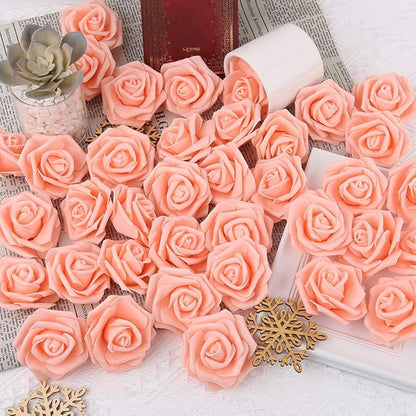IPOPU 100 Pcs Artificial Rose Flower Heads Real Looking Blush Peach Foam Fake Roses Bulk for DIY Wedding Baby Shower Centerpieces Arrangements Party Tables Home Decorations (Peach, Stemless)
