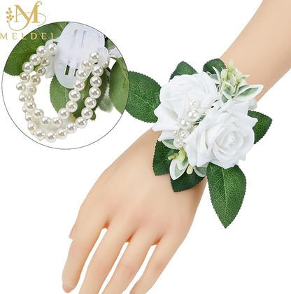 Meldel White Corsage and Boutonniere Set,Set of 2,Rose Wrist Corsage Wristlet Bracelet for Bride Bridesmaid Girls,Boutonniere for Men,Groomsmen and Groom Boutonniere for Wedding,Prom,Homecoming,Party
