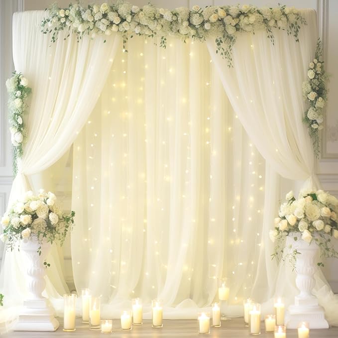 20x10ft Ivory Tulle Backdrop Curtain with Lights String for Parites, Sheer Backdrop Curtains for Wedding Baby Shower Birthday Party Photo Shoot Decorations