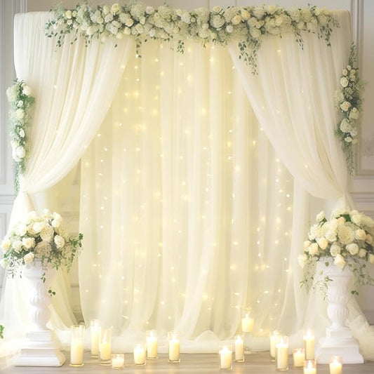 20x10ft Ivory Tulle Backdrop Curtain with Lights String for Parites, Sheer Backdrop Curtains for Wedding Baby Shower Birthday Party Photo Shoot Decorations