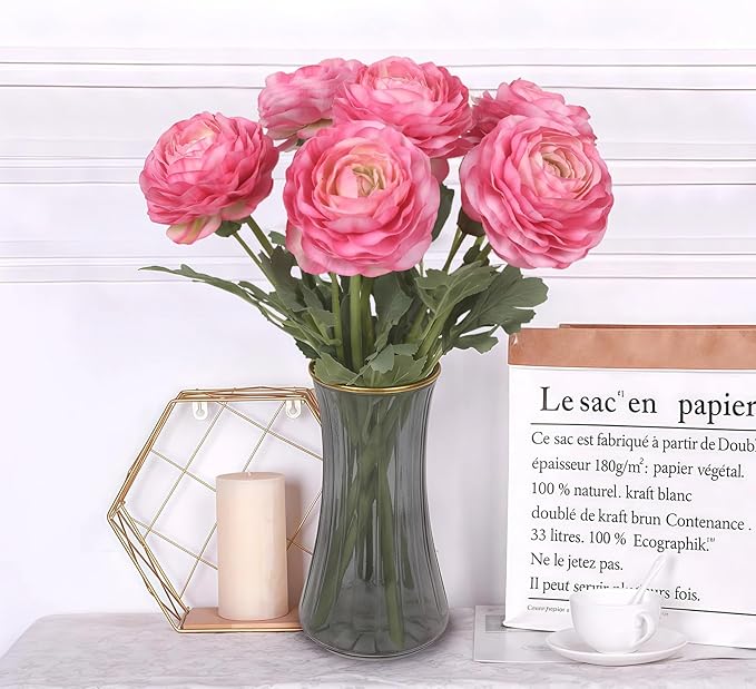 6PCS Pink Ranunculus Artificial Flowers Real Touch Peonies Fake Ranunculus Stems for DIY Wedding Bouquet Party Table Home Decor(Deep Pink)