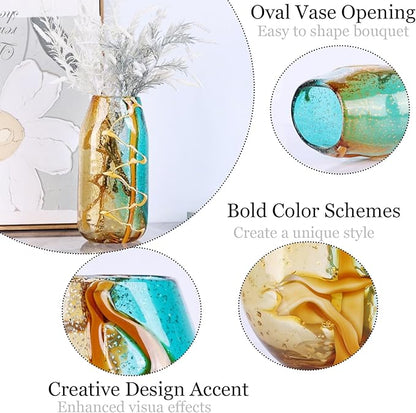 Pretty Hand Blown Glass Vase, Colored Glass Flower Vases Home Decor, Amber and Teal Decorative Murano vase for Living Room Office Bedroom Coastal Table Centerpieces Gift