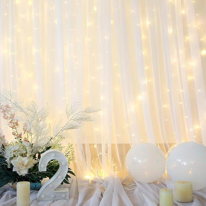 White Tulle Backdrop Curtain with Lights String for Parties Wedding Bridal Shower Sheer White Curtain Backdrop for Birthday Baby Shower Photo Booth Photography Background Decorations 20ft x 8ft