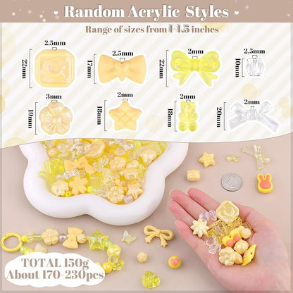 Assorted 200-260PCS Yellow Acrylic Beads for Bracelet Making, Flower Bow Candy GummyBear Bracelet Charms,Cute Beads for Jewelry Making DIY Necklace Keychain Phone Charm Christmas Gift