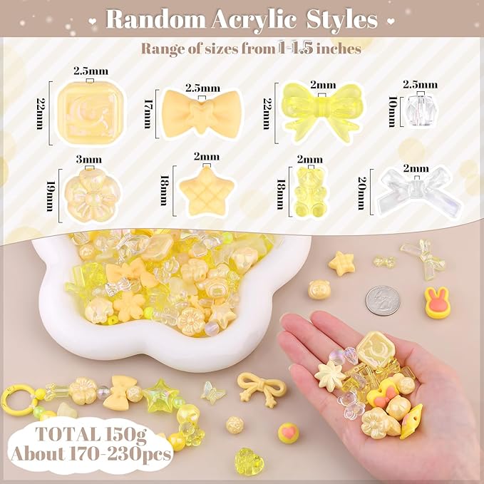 Assorted Acrylic Beads, 200-260PCS Yellow Cute Beads for Bracelet Making, GummyBear Bow Flower Candy Kawaii Charms for Jewelry Making DIY Necklace Keychain Phone Charm Christmas Gift