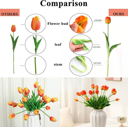 Artificial Flowers 20pcs Fake Tulips Real Touch, Faux Latex Tulips Flowers with Gift Box Soft Faux Tulips Bouquets Arrangements for Party Wedding Home Room Decoration(Orange)
