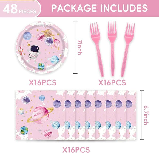 48pcs Pink Space Party Decoration Set,16 Dessert plate,16 Napkin And 16 Fork,16 persons Disposable tableware,Used Galaxy Space Planet Astronauts Birthday Party Supplies (Multicolor 18)