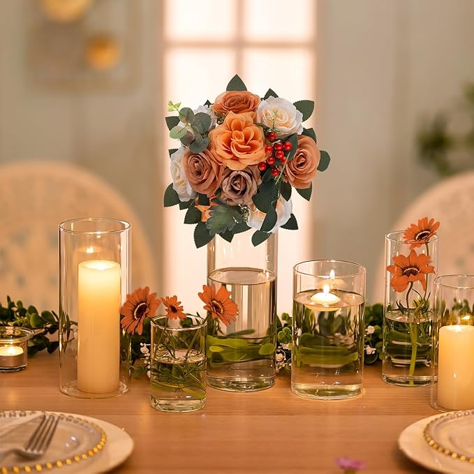 BLOSMON Terracotta Flowers for Wedding Decorations: 6 Pcs Artificial Rose Flower Balls for Table Centerpieces - Fall Fake Silk Kissing Floral Arrangements for Home Party Event DIY Decor