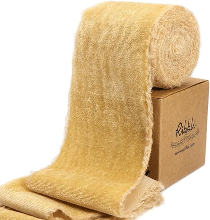 Ribbli Champagne Gold Velvet Ribbon 3 Inch Handmade Frayed Vintage Christmas Ribbon for Gift Wrapping Christmas Tree Ornament Wreath Craft Home Decor -3 Yards