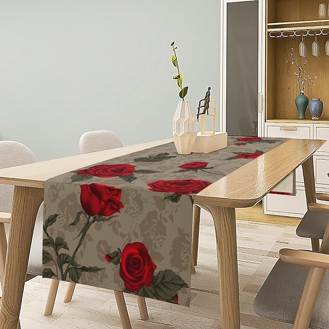 Red Rose Print Table Runner, Romantic Vintage Rose Spring Summer Dinner Runner Table Decoration for Home Kitchen Dining Holiday Wedding Party 13x36in