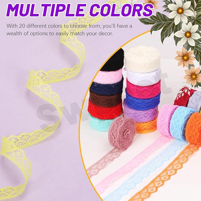 Swpeet 20 Rolls in Total 200 Yards 1.5cm×10 Yards Colorful Lace Ribbon Floral Pattern Fabric Lace Ribbon, Vintage Lacing Trim Ribbons, Crafting Lacing for Decorating, Gift Wrapping, Wedding