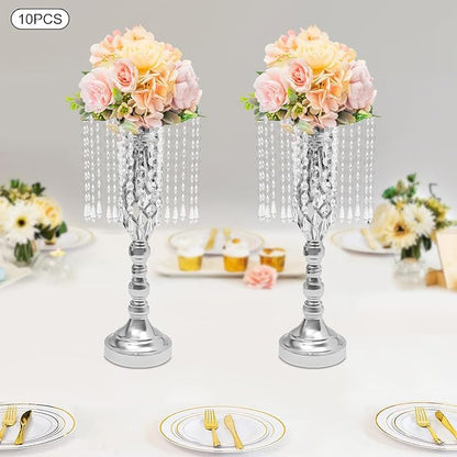 Vase | Bud Vases |10PCS Gold Crystal Flower Stands | Elegant Centerpiece for Weddings & Events | for Wedding Table Centerpieces, Aisle Guides, Party Decorations (Silver)