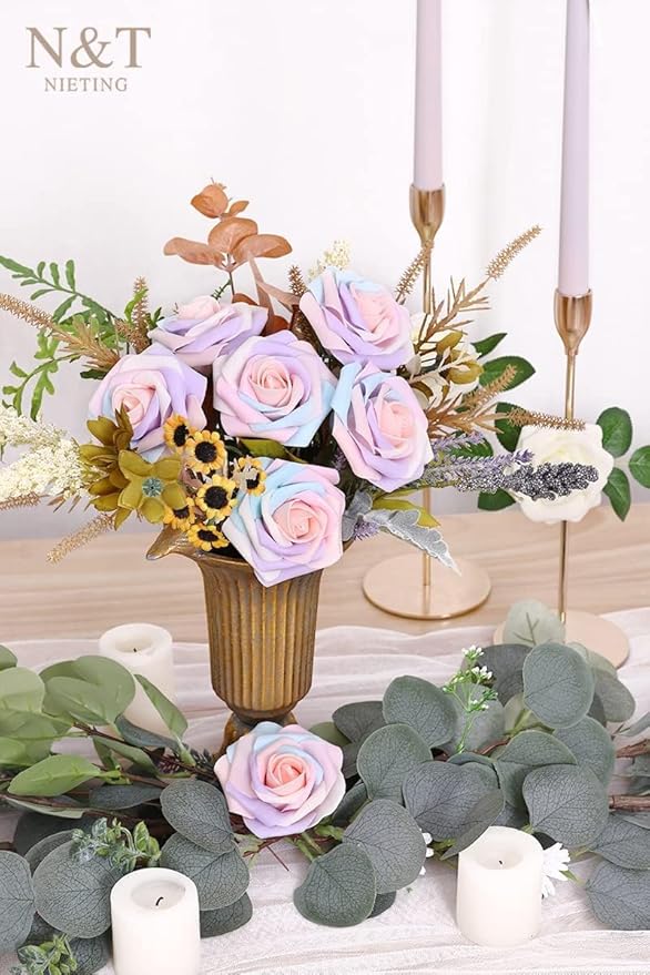N&T NIETING Artificial Flowers, 25Pcs Fake Flowers Roses Perfect for DIY Wedding Bouquets Centerpieces Bridal Shower Party Home Flower Arrangement Decorations, Rainbow Color