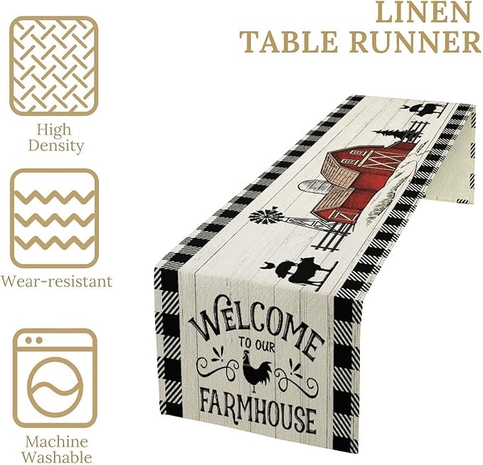Rustic Farmhouse Table Runner Vintage Western Farm Cow Rooster Red Barn Cabin Country Lodge Dinner Runner for Home Kitchen Dinner Table Party Decoration 13x120in