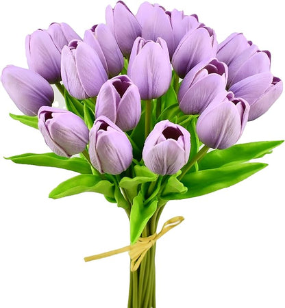 Mandy's Artificial Tulips 20 Stems Lilac PU Faux Flowers for Thanksgiving and Christmas Decorations Wedding Home Decor 13.5 Inch