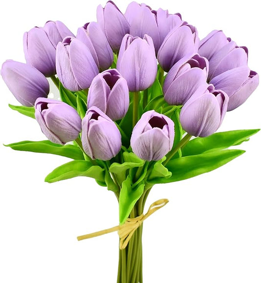 Mandy's Artificial Tulips 20 Stems Lilac PU Faux Flowers for Thanksgiving and Christmas Decorations Wedding Home Decor 13.5 Inch