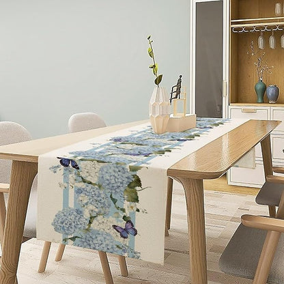 Blue Floral Table Runner, Spring Summer Watercolor Hydrangea Flower Butterfly Country Farmhouse Coffee Table Center Decor for Home Kitchen Dining Patio Holiday Party Table Decorations 13x36 inches