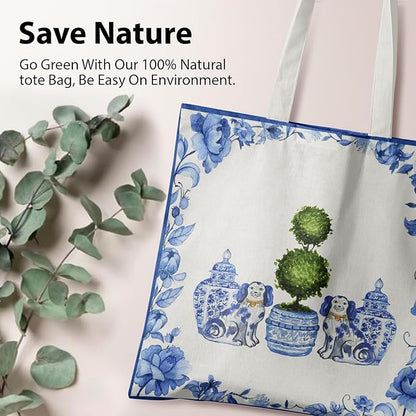 Blue and White Chinoiserie Prints Canvas Tote Bag for Women, Reusable Folding Shopping Bags with Handles
