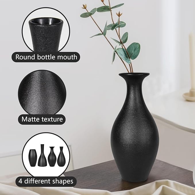 Black Ceramic Vases Set of 4, Handmade Classic Matte Vases for Home Decor,Rustic Bud Vases Decorations for Table,Shelf,Office,Housewarming, (Black)
