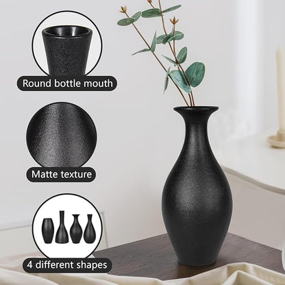 Black Ceramic Vases Set of 4, Handmade Classic Matte Vases for Home Decor,Rustic Bud Vases Decorations for Table,Shelf,Office,Housewarming, (Black)