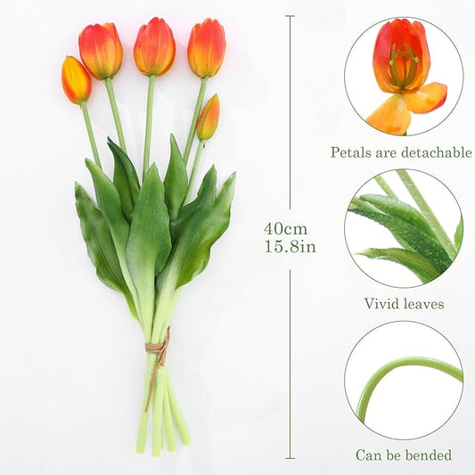 Fake Tulips Artificial Flowers Real Touch Latex Faux Tulips Fake Flowers Bouquet for Table Home Decor Party Wedding Garden Decoration (10pc Orange)
