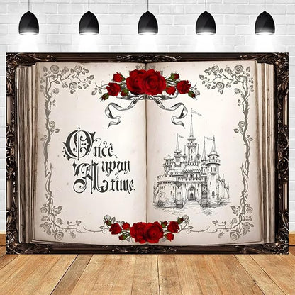 5x4ft Once Upon a Time Backdrop Princess Castle Wedding Party Photography Background Fairytale Book Romantic Story Red Roses Bridal Shower Decorations Birthday Portrait Photo Booth Prop