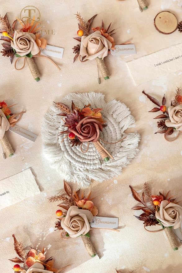 TINGE TIME Boutonniere for Men, Groom and Best Man Boutonniere for Wedding Ceremony Anniversary, Formal Dinner Party and Rustic Fall Wedding Marriage (Maple Red)