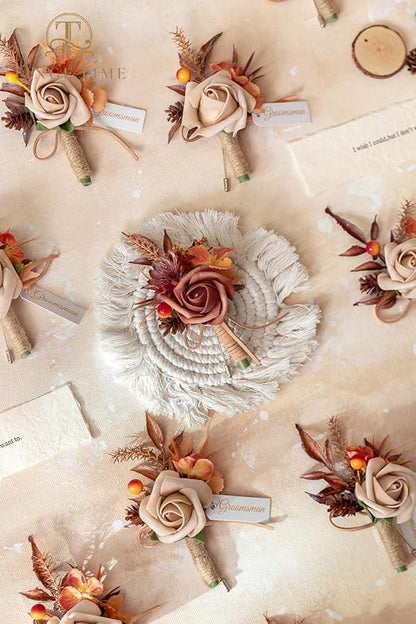 TINGE TIME Boutonniere for Men, Groom and Best Man Boutonniere for Wedding Ceremony Anniversary, Formal Dinner Party and Rustic Fall Wedding Marriage (Maple Red)