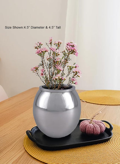 Serene Spaces Living Alerra Stainless Steel Vase, Round Modern Silver Flower Vase, Minimalist Metal Accent for Home, Office, Wedding, or Event Centerpieces, Ideal Gift, 4.5" Diameter & 4.5" Tall