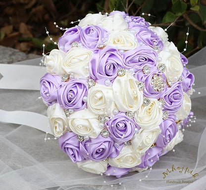 Bridal Wedding Bouquet Round Bling Brooch Bouquet Throw Toss Artificial Rose Flower Bunch for Bride Bridesmaid Wedding Quinceanera(Light Purple & Ivory, 6.3")
