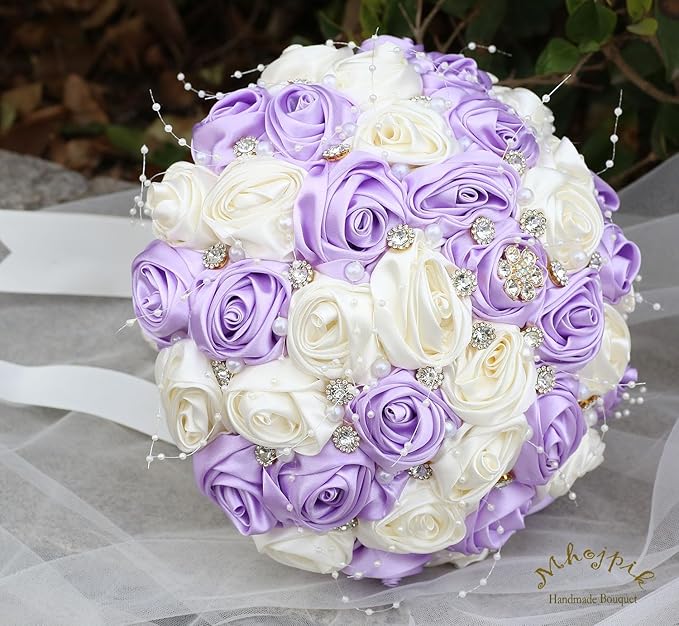 Bridal Wedding Bouquet Round Bling Brooch Bouquet Throw Toss Artificial Rose Flower Bunch for Bride Bridesmaid Wedding Quinceanera(Light Purple & Ivory, 8.7")