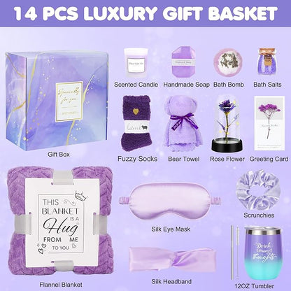 Gifts for Mom, Birthday Gifts for Women, Relaxing Spa Gifts Care Package with Luxury Flannel Blanket, Light-Up Rose Flower, Unique Mothers Day Gifts for Mom, Wife, Grandma, Sister, Friends