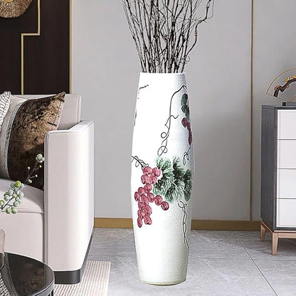 Tall White Floor Vase 32 inches, Thick Ceramic Rustic Vases Large for Home Decor Living Room, Painting Geen Grape Decorative Vases Wide Mouth Opening Corner Vase for Pampas Grass