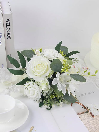 Rinlong 1Pc Wedding Bouquets for Bride Bridesmaids White Rose Green Artificial Flowers Bridesmaids Bridal Bouquet for Wedding Prom