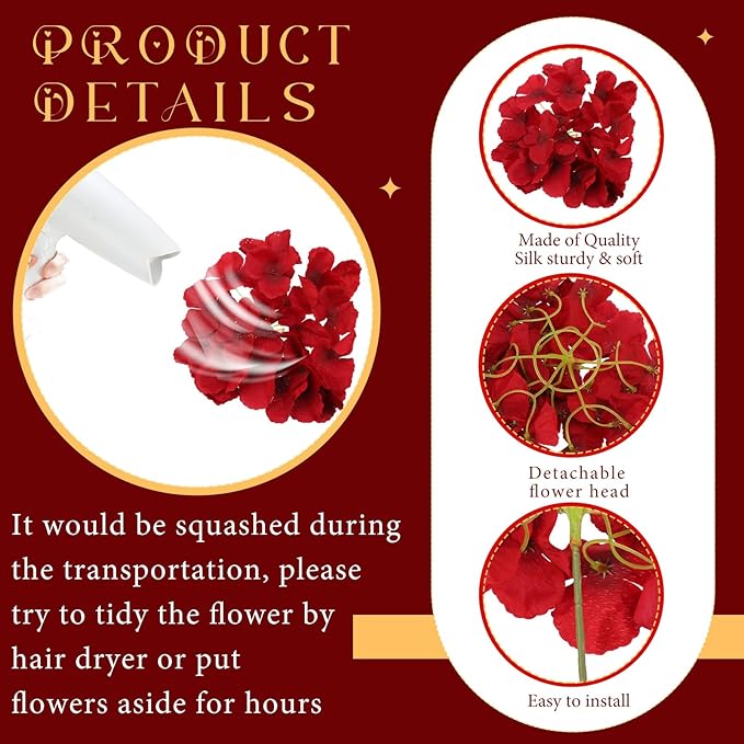 Unittype Silk Hydrangea Artificial Flowers Heads with Stems Faux Hydrangea Flowers for Wedding Centerpieces Bouquets DIY Floral Decorations for Home Indoor(Burgundy,100 Pieces)