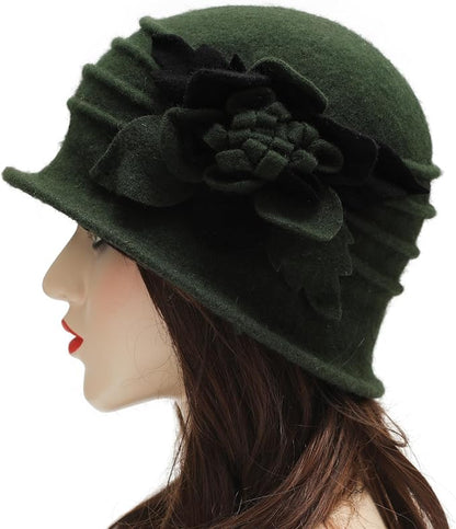 ZLYC Women Wool Cloche Bucket Hat 1920s Vintage Dress Winter Hats with Flower Accent