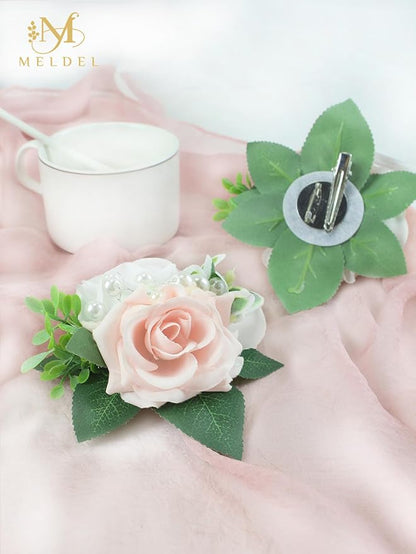 Meldel Pink&White Boutonniere for Men Wedding, Set of 6,Elegant Pearls Rose Boutonniere for Groom Groomsman Prom,Homecoming,Anniversary,Party,Prom Flowers and Vintage Wedding