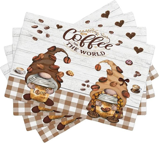 Coffee Gnomes Linen Placemats Set of 4 Brown Buffalo Plaid Placemat Indoor Outdoor Party Home Desktop Kitchen Dining Room Decoration 12x18 Inch