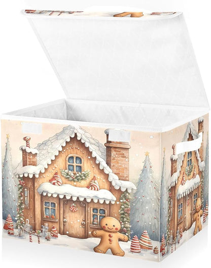 senya Christmas Baskets Collapsible Storage Bins with Lids, Christmas Snow Gingerbread Man Storage Boxes Clothes Baskets for Organizing, B06D22020