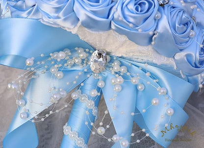 Bridal Wedding Bouquet Round Bling Brooch Bouquet Throw Toss Artificial Rose Flower Bunch for Bride Bridesmaid Wedding Quinceanera(Light Blue, 9.8")