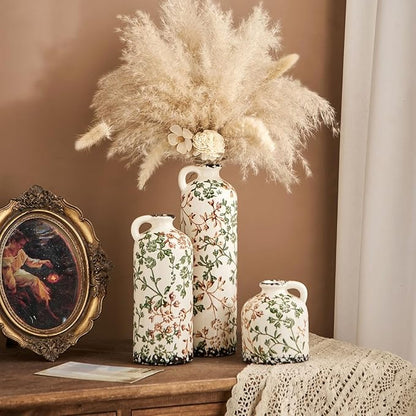 Ceramic Vase Set of 3, Vintage Green and Beige Vase, Chinoiserie Floral Vases, Rustic Farmhouse Ceramic Vases for Home Decor, Living Room, Kitchen Island, Bookshelf, Grand Millennial Decor