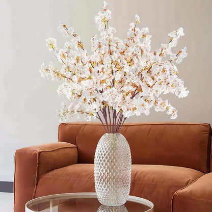12 Pcs Artificial Cherry Blossom Flowers 40" Faux Silk Cherry Blossom Stems Fake Real Touch Peach Branches for Wedding Home Garden Japanese Decor Ivory White